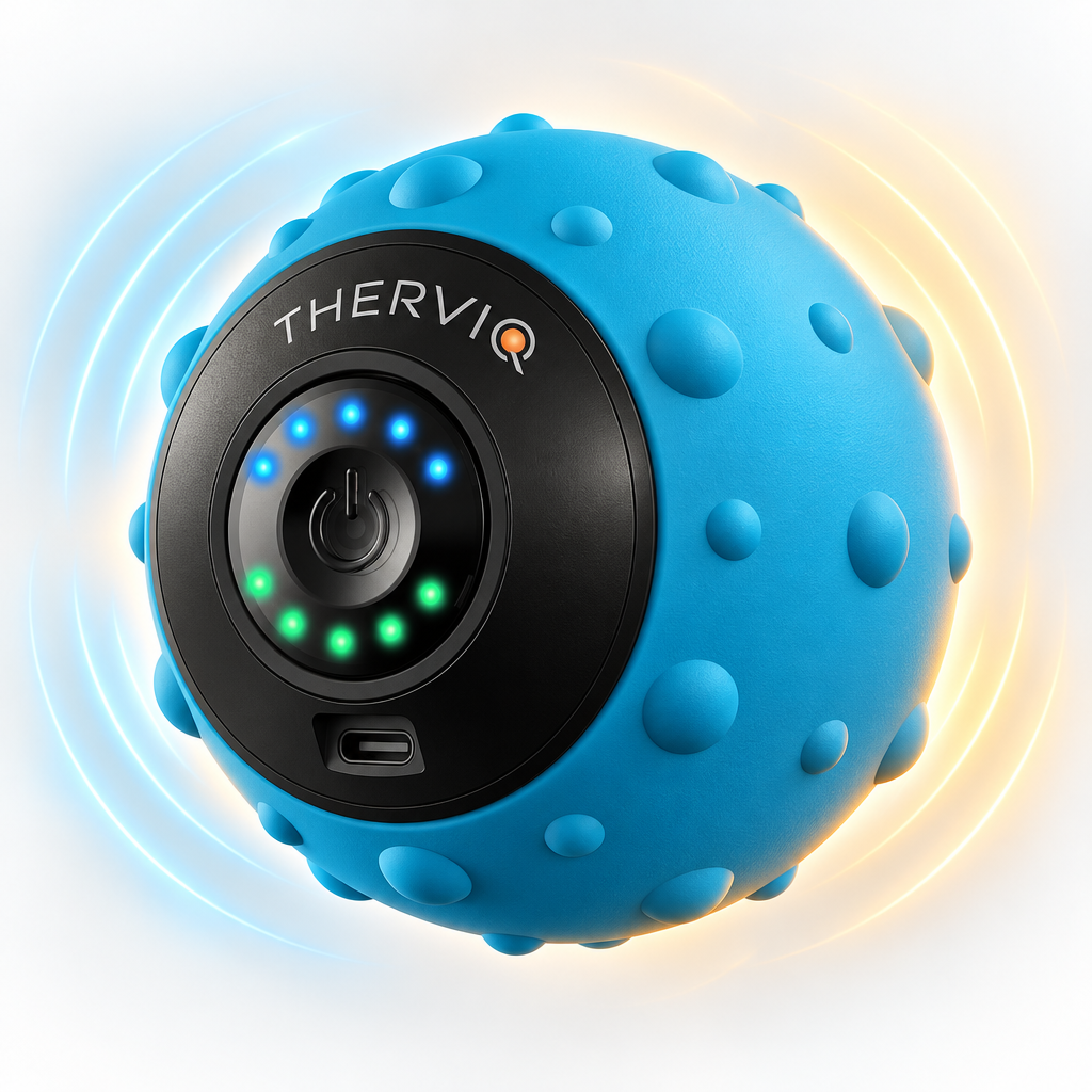 The blue THERVIQ HeatSphere with its textured surface and integrated controls